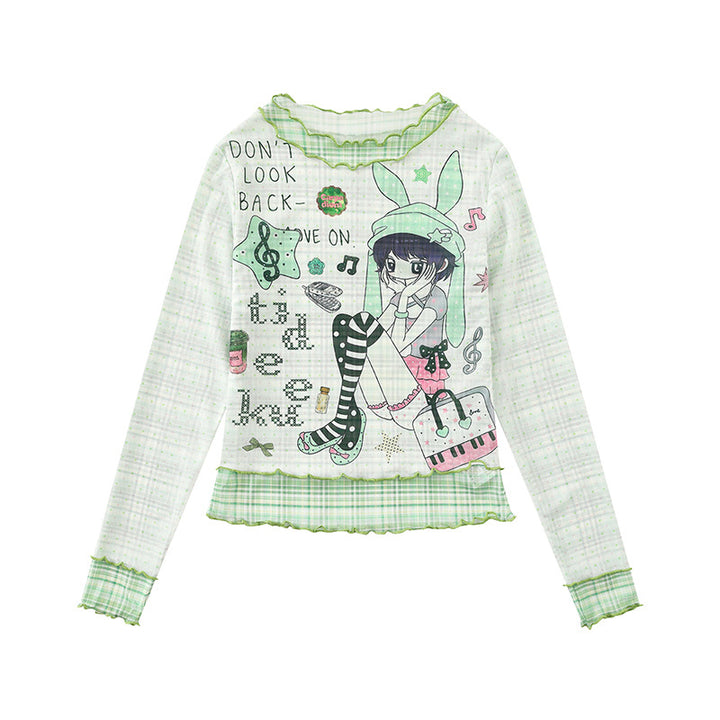 Damen Transparentes Mesh-Langarmshirt mit Manga-Print, Rüschensaum und Karomanschetten Echoarchiv