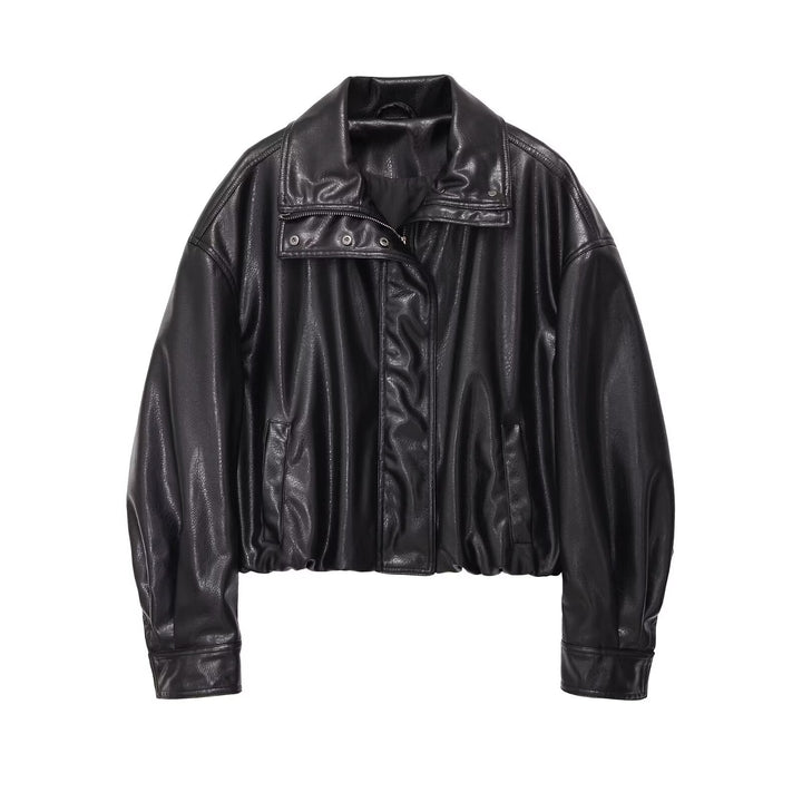 Damen Cropped-Blouson im Bomberstil aus veganer Glattlederoptik mit hohem Stehkragen Echoarchiv