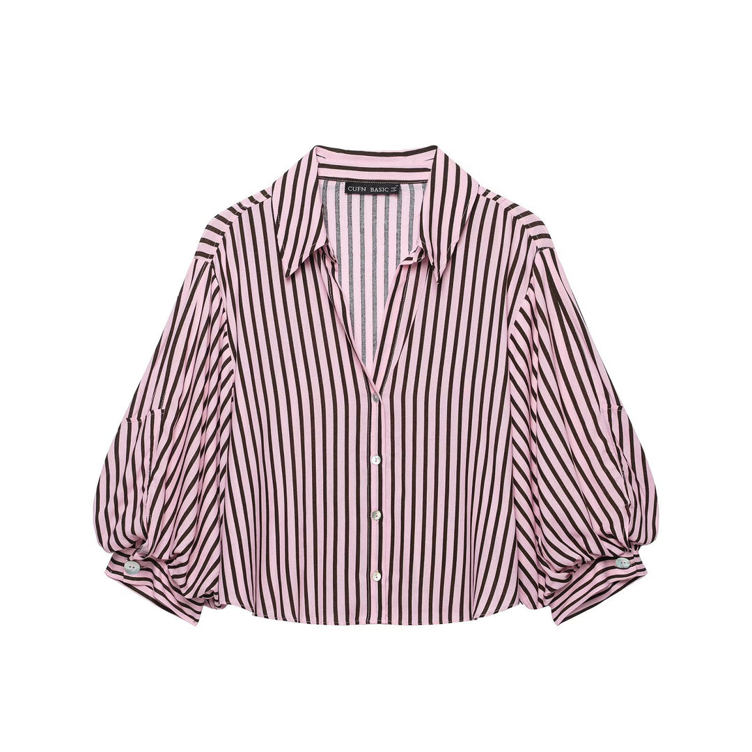 Damen Gestreifte Oversize-Bluse mit Ballonärmeln und durchgehender Knopfleiste Echo Archiv