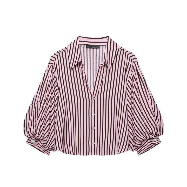 Damen Gestreifte Oversize-Bluse mit Ballonärmeln und durchgehender Knopfleiste Echo Archiv