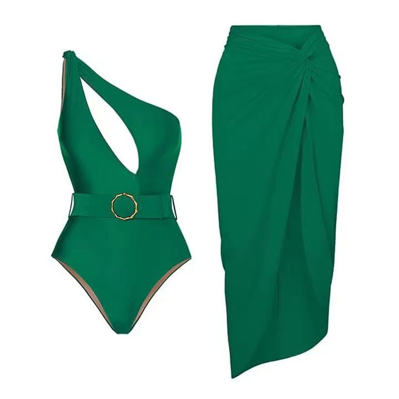 Damen Einteiler Badeanzug mit asymmetrischem Schnitt und elegantem Wickelrock Echo Archiv