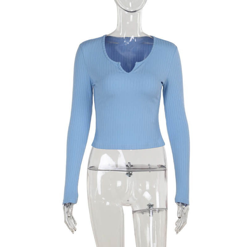 Damen figurbetontes Langarmshirt mit V-Ausschnitt und Rippstruktur Echo Archiv
