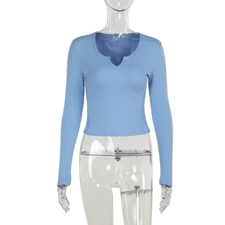 Damen figurbetontes Langarmshirt mit V-Ausschnitt und Rippstruktur Echo Archiv