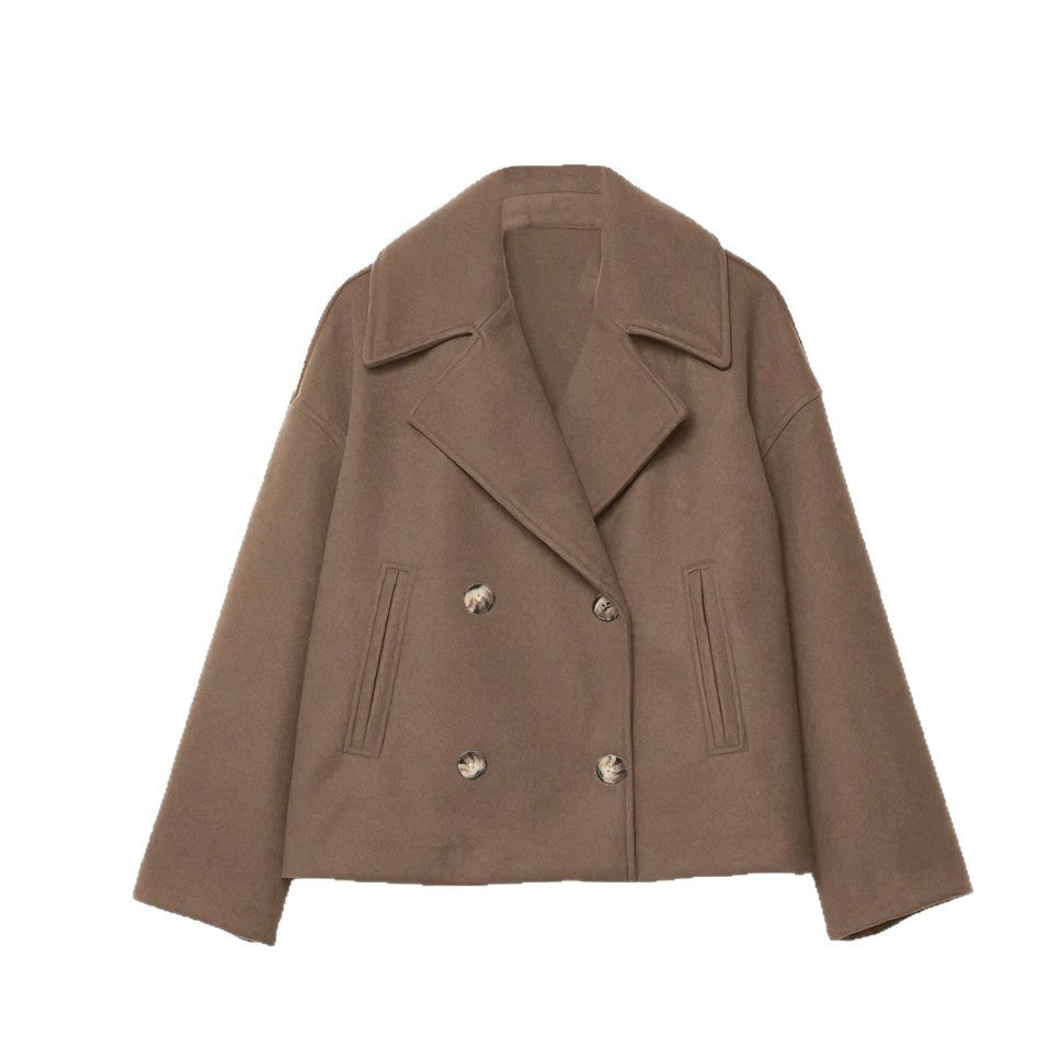 Damen nan kurzes doppeltreihiges Wollmix-Manteljacke im Boxy-Cut mit weitem Reverskragen Echo Archiv