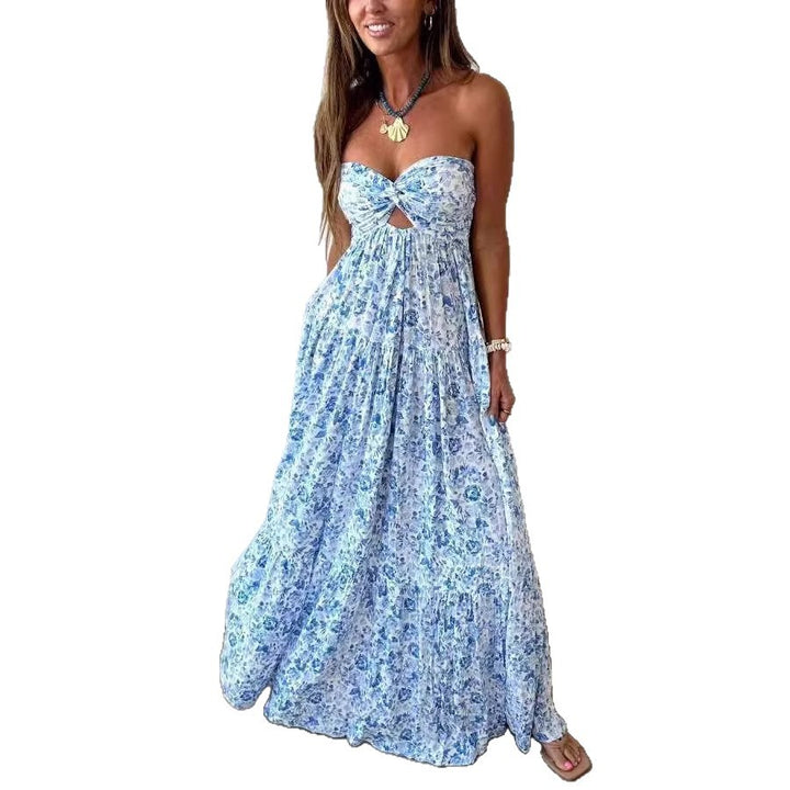 Damen nan trägerloses gedrehtes Bustier-Maxikleid mit Cut-out und mehrlagigem Stufenrock in leichter Crinkle-Qualität Echo Archiv