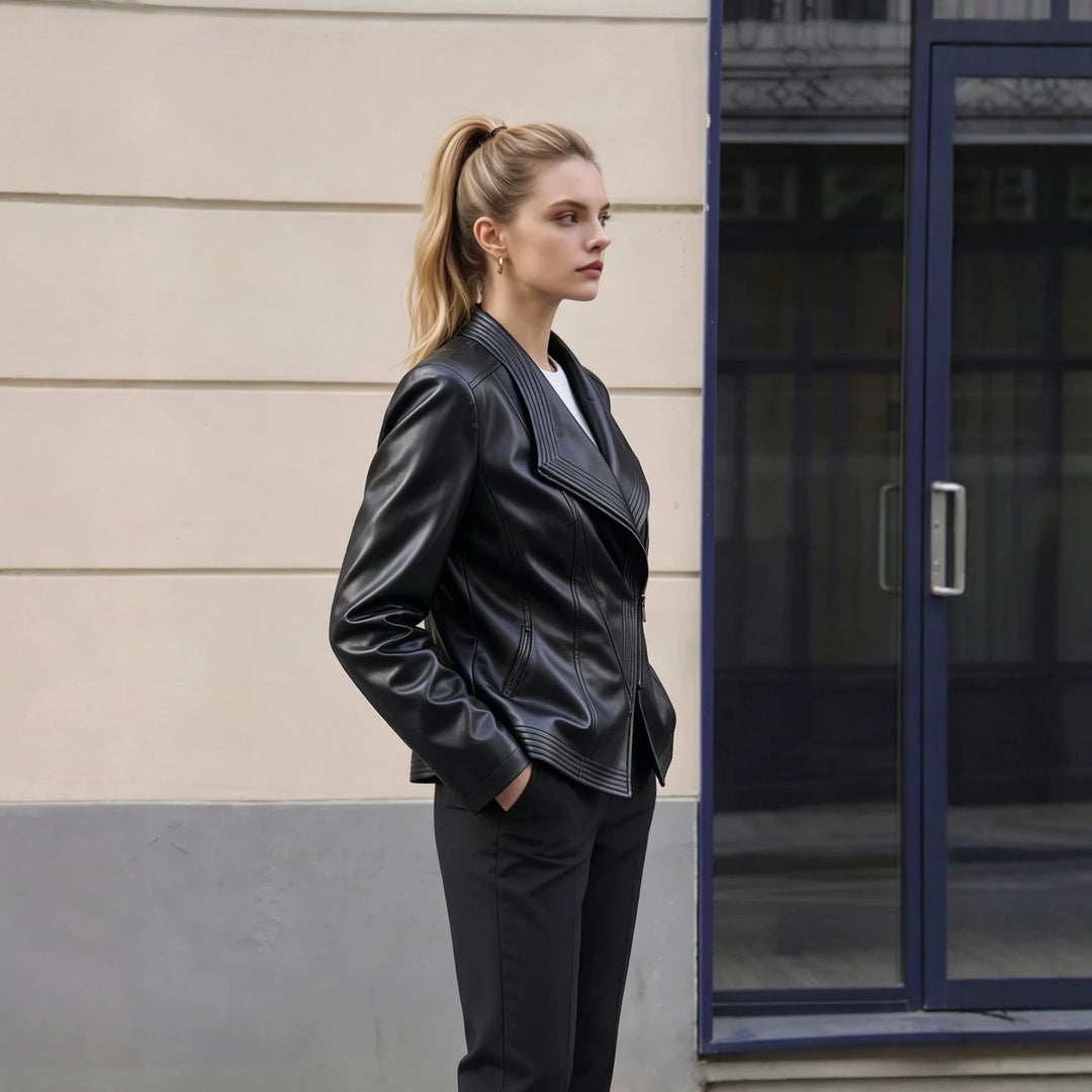 Damen Modische Kunstlederjacke mit asymmetrischem Reißverschluss Echo Archiv