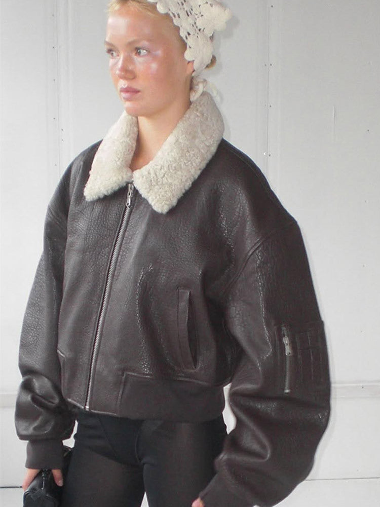 Damen Oversized Fliegerjacke im Biker-Bomber-Stil mit Teddykragen Echoarchiv