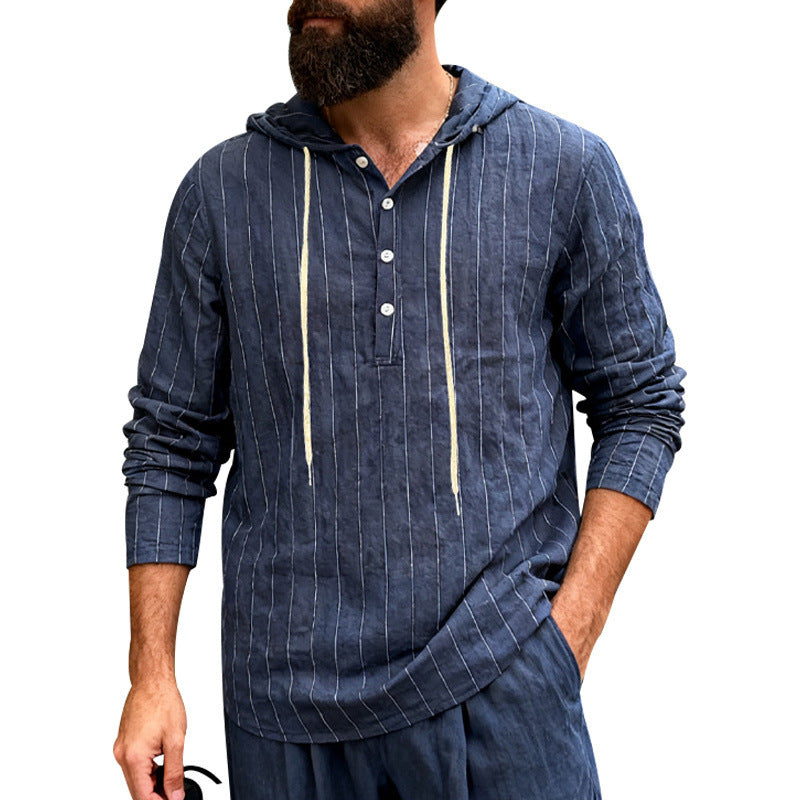 Herren nan Kapuzenshirt aus Leinenmix mit halber Knopfleiste und Nadelstreifen Echo Archiv