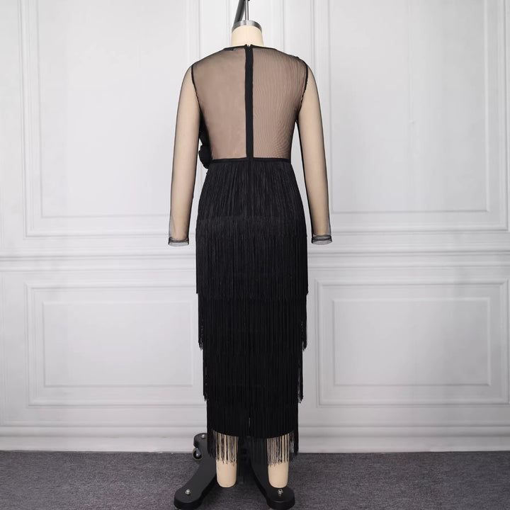 Damen elegantes Cocktailkleid mit voluminösen Rüschendetails und Fransen Echo Archiv