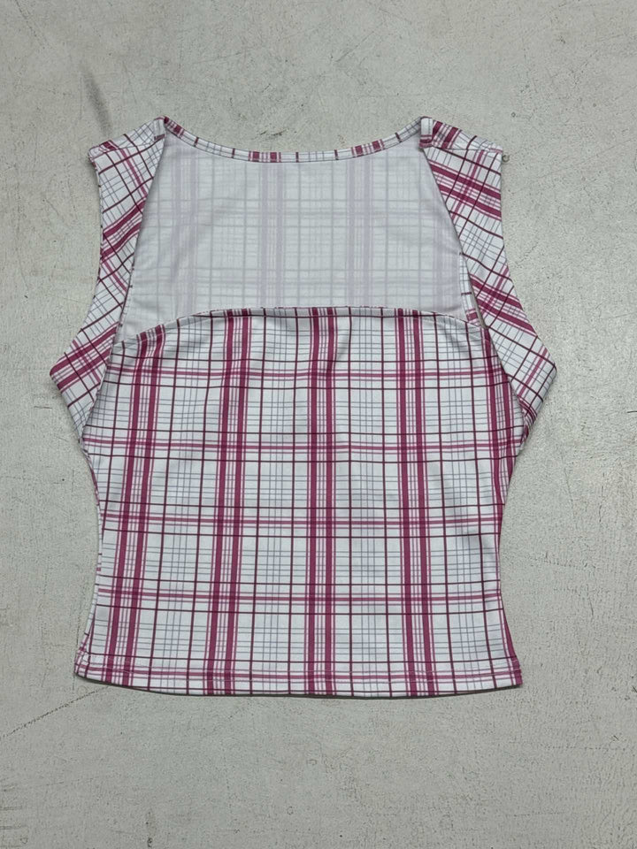 Damen figurbetontes Karo-Top mit elegantem Schnitt und transparenten Einsätzen Echo Archiv