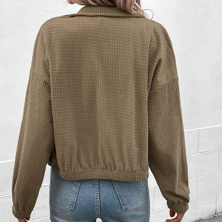 Damen Kurz geschnittene Waffelstruktur-Jacke mit Stehkragen und Reißverschluss – Célinea
