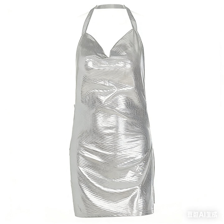 Damen Glänzendes Minikleid mit schulterfreiem Design und eleganten Drapierungen Echo Archiv