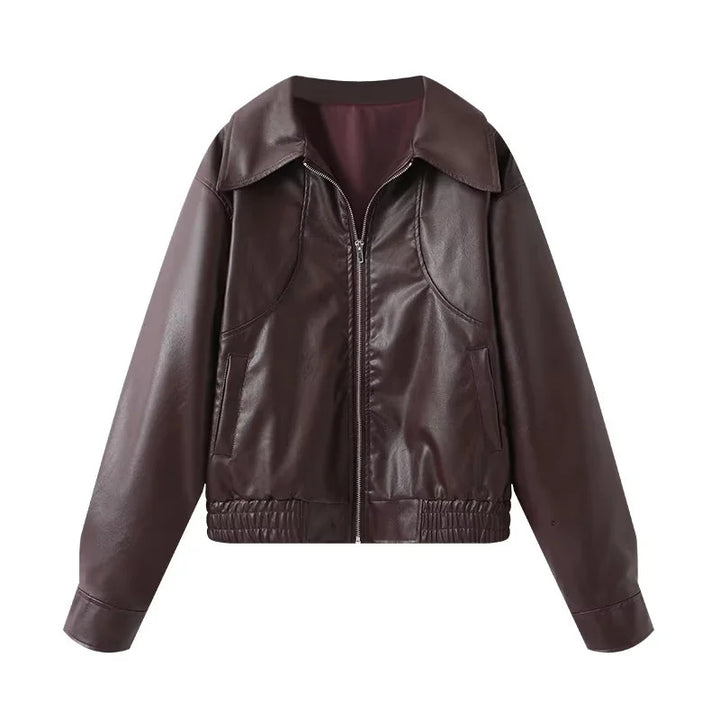Damen nan Oversize Kunstlederjacke im Bomberstil mit Hemdkragen, kontrastierender Materialoptik und elastischem Saum Echo Archiv