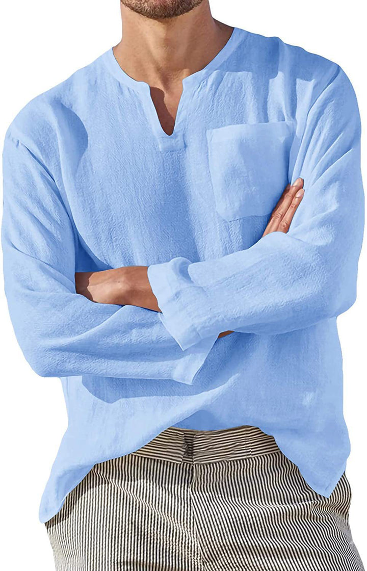 Herren lässiges Langarmshirt mit V-Ausschnitt und praktischer Brusttasche Echoarchiv