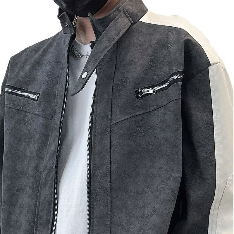 Herren Kontrastärmeliges Oversized Kunstleder-Utility-Jacke mit Stehkragen Echoarchiv