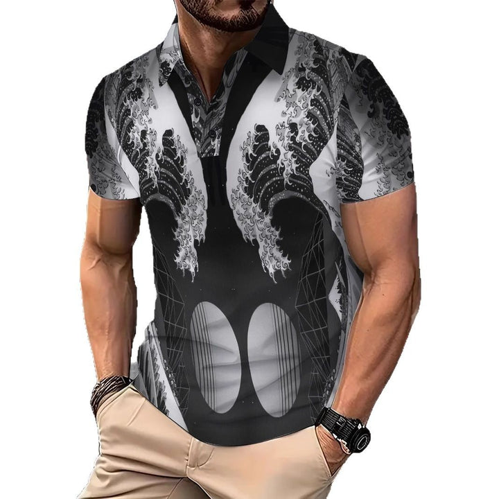 Herren Poloshirt mit künstlerischem Wellendesign und modernem Schnitt Echoarchiv