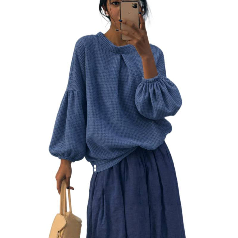 Damen Oversize Waffelstrickpullover mit Ballonärmeln und Kellerfalte Echoarchiv