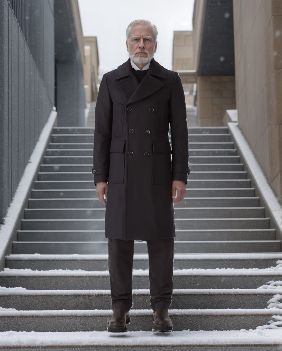 Herren eleganter Dufflecoat mit tiefem Revers und praktischen Taschen Echoarchiv