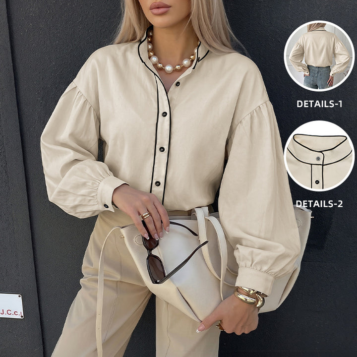 Damen Bluse mit Stehkragen, kontrastierender Paspelierung und Ballonärmeln – Élovi
