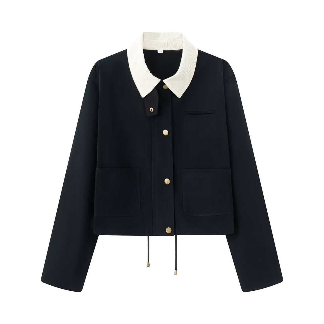 Damen Kurze Boxy-Übergangsjacke mit Cordkragen, Kordelzug und aufgesetzten Taschen Echoarchiv