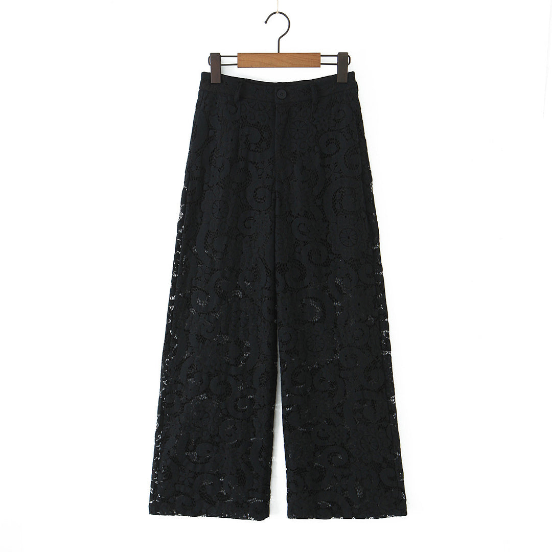Damen hochtaillierte Spitzenslouchhose mit durchgehendem Futter, weitem Bein und Bund mit Gürtelschlaufen – Avélisse