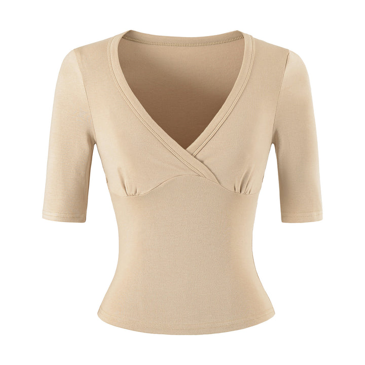 Damen Figurbetontes Wickelshirt mit tiefem V-Ausschnitt, dreiviertelärmeln und Taillenbetonung Echoarchiv