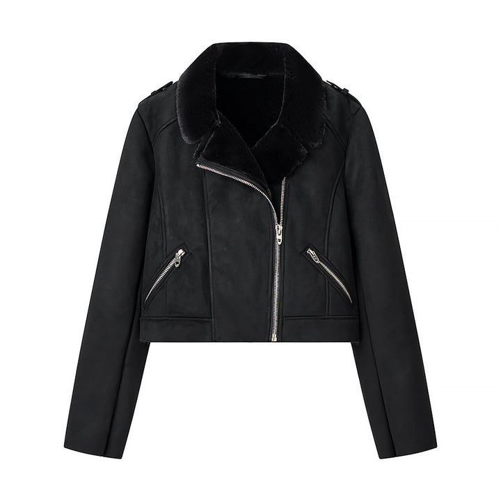 Damen Kurze Bikerjacke im Aviator-Look mit Kunstfellkragen und asymmetrischem Reißverschluss Echoarchiv