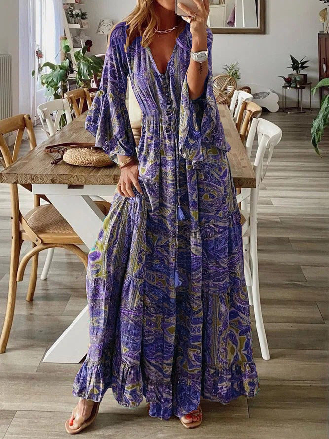 Damen Boho Maxikleid mit Paisley-Print, V-Ausschnitt, Stufenrock und Bindegürtel Echoarchiv