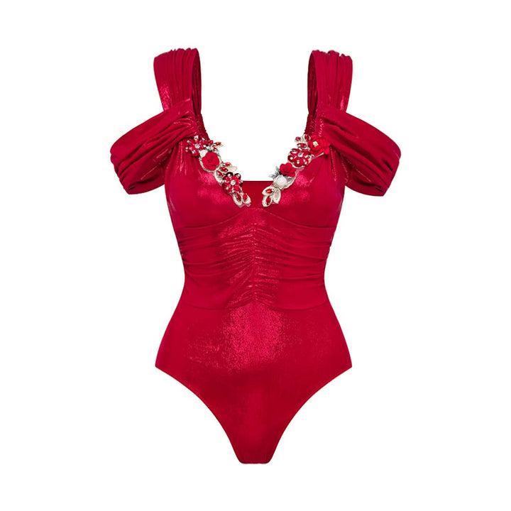 Damen Luxuriöser Schwimmanzug mit schulterfreien Rüschenträgern und passendem Maxirock Echo Archiv