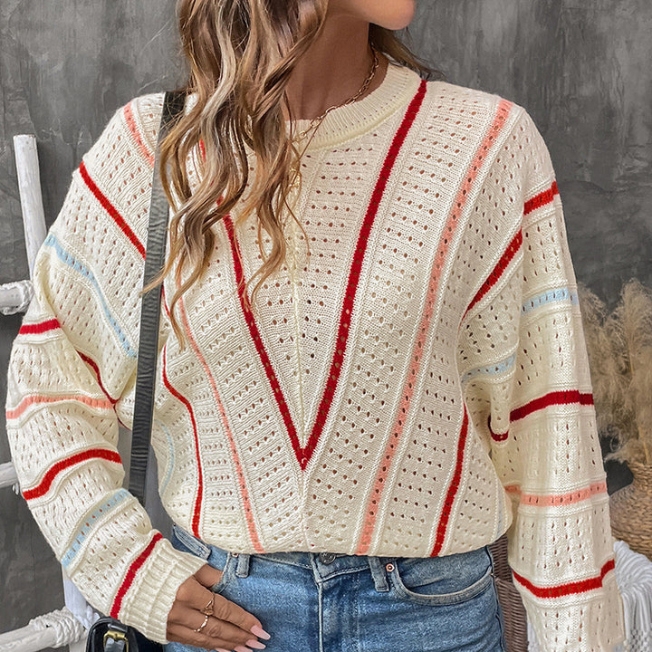 Damen Oversize-Ajourstrickpullover mit V-Streifen-Design Echoarchiv