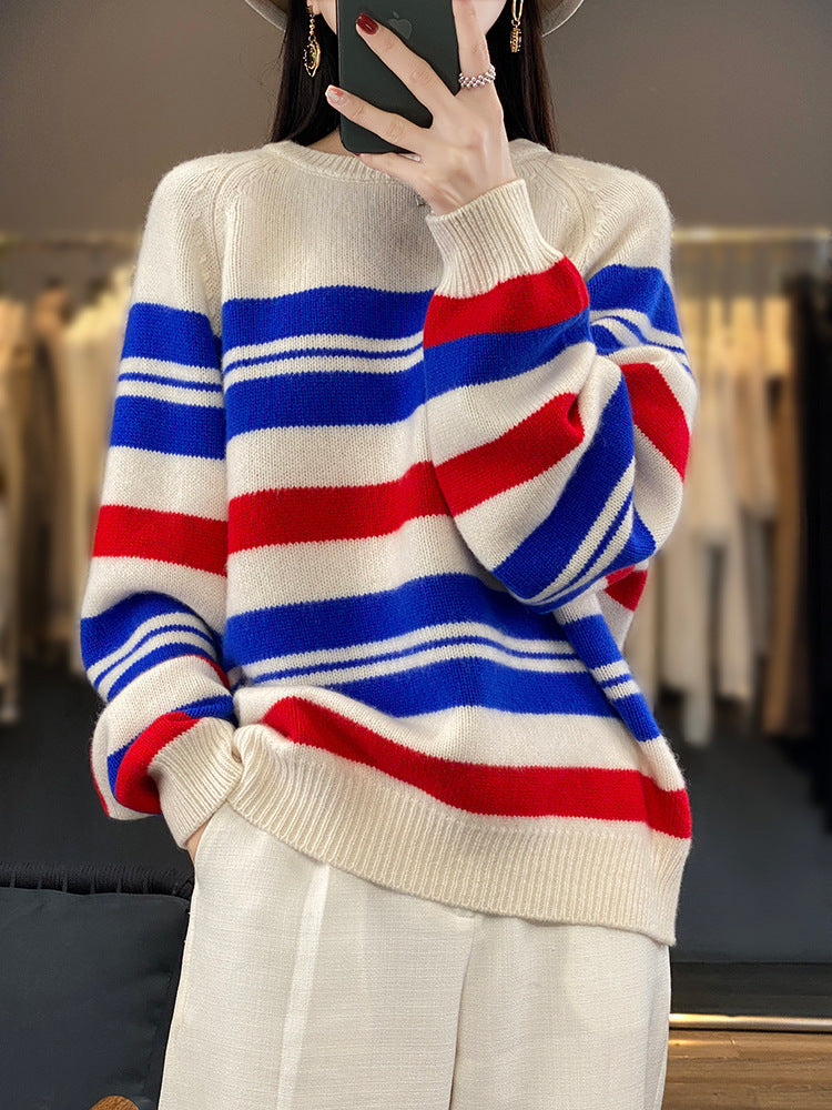 Damen Oversize-Streifenpullover aus weichem Wollmix mit maritimer Blockstreifen und Rundhals Echoarchiv