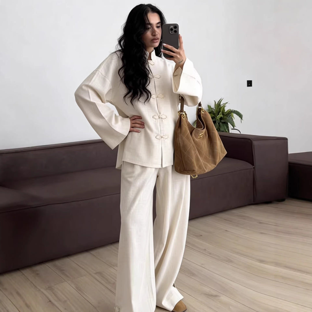 Damen Oversized Mandarinjacke mit Knotenverschlüssen und weitem Arm Echo Archiv
