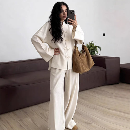 Damen Oversized Mandarinjacke mit Knotenverschlüssen und weitem Arm Echo Archiv