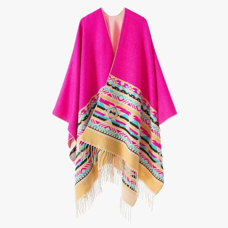Damen V-Kragen-Überwurfponcho im Kimono-Fall mit Ethno-Bordüre und Fransensaum Echo Archiv