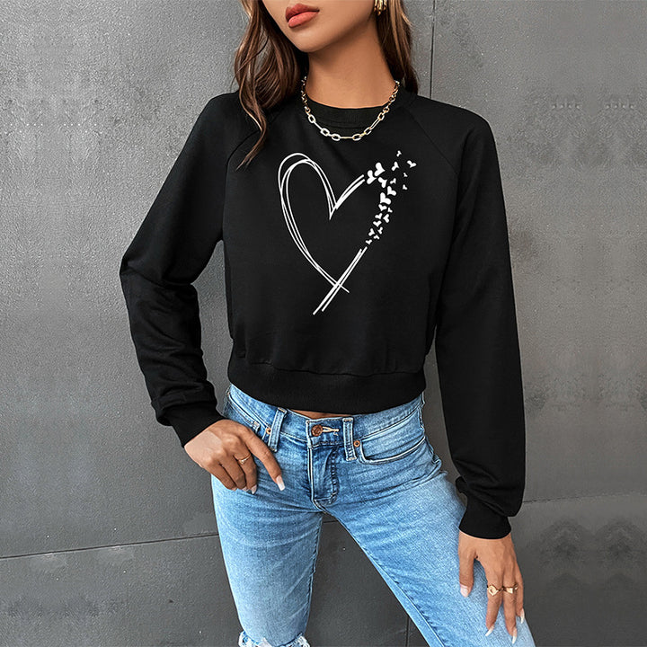 Damen Kurz geschnittenes Sweatshirt mit Herz-Print, Rundhalsausschnitt und Rippbündchen Echoarchiv