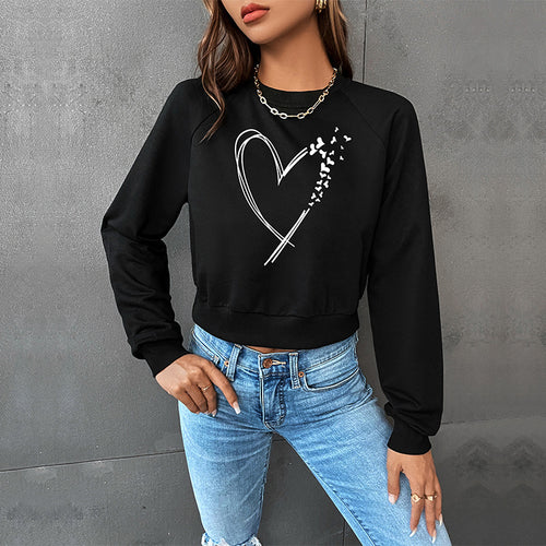 Damen Kurz geschnittenes Sweatshirt mit Herz-Print, Rundhalsausschnitt und Rippbündchen Echoarchiv