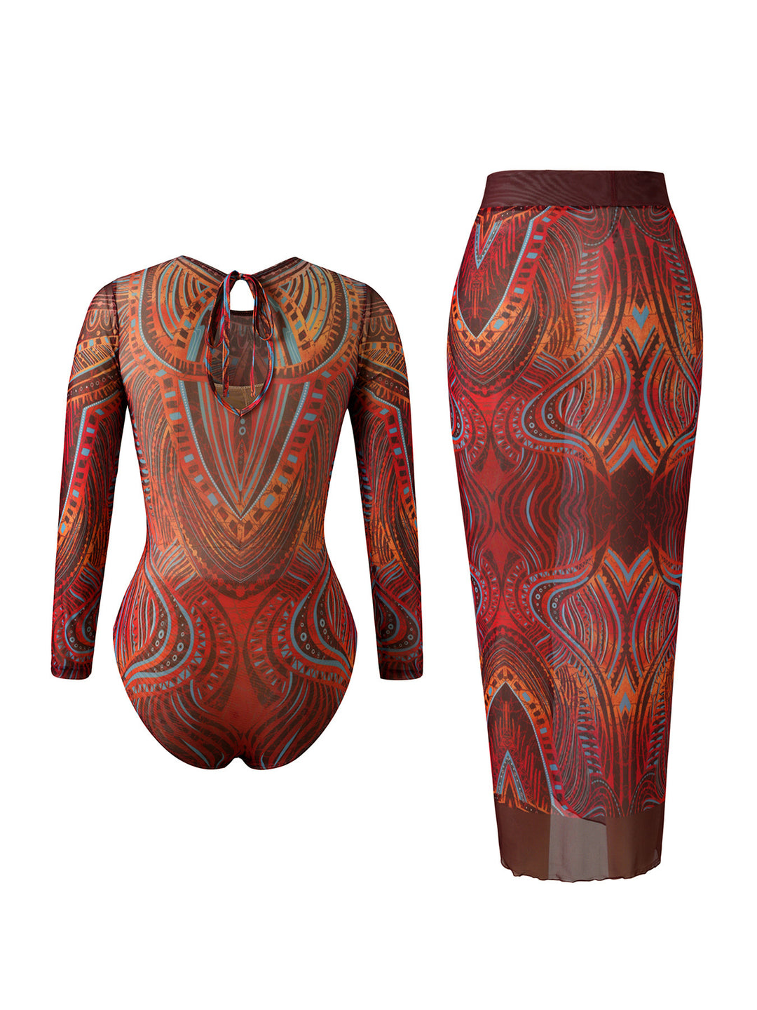 Damen Eleganter Badeanzug mit langem Arm und transparente Wickelrock Echo Archiv