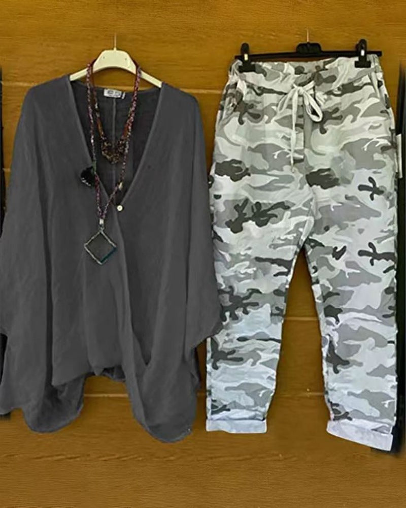 Damen nan Zweiteiler aus fließendem Kimono-Top und Camouflage-Jogginghose Echo Archiv