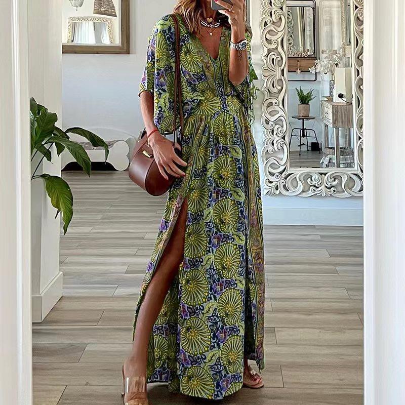 Damen Maxikleid im Boho-Stil mit Wickeleffekt, V-Ausschnitt und hohem Beinschlitz Echoarchiv