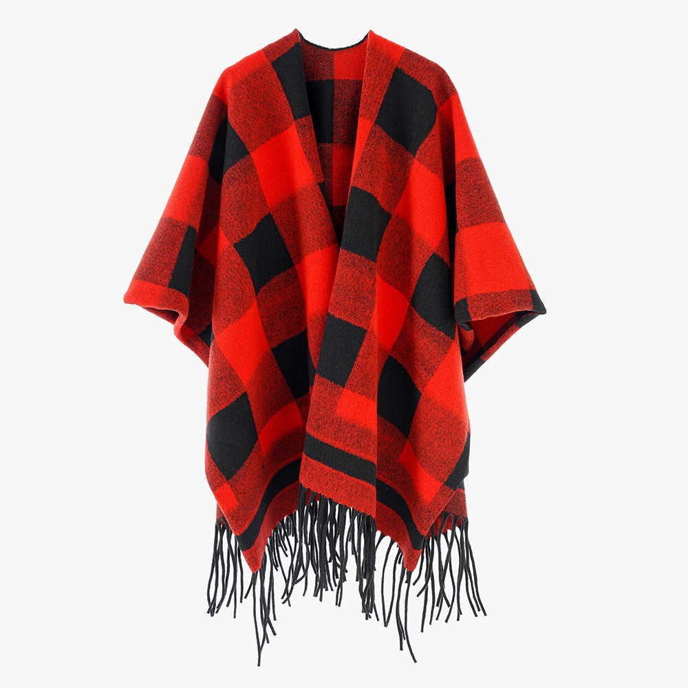 Damen Capeponcho im Plaid-Wickelstil aus Wollmix mit Fransensaum – Montévia