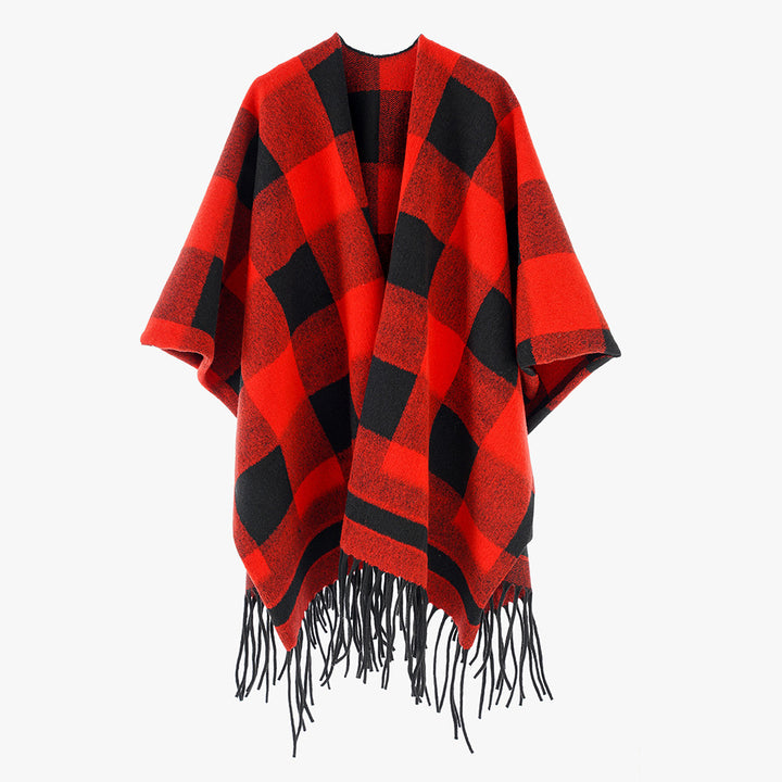 Damen Capeponcho im Plaid-Wickelstil aus Wollmix mit Fransensaum – Montévia