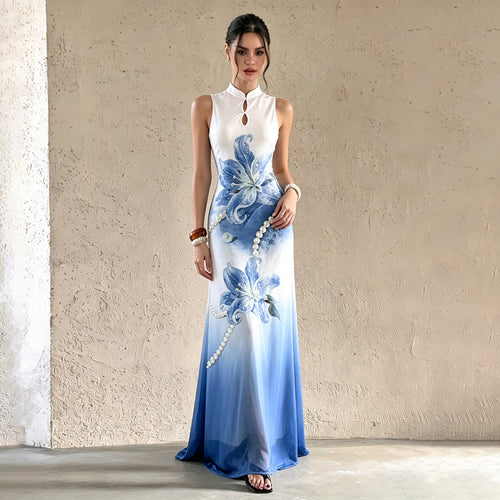 Damen Maxi-Kleid mit floralen Akzenten und elegantem Rundhalsausschnitt Echo Archiv