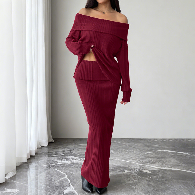 Damen Schulterfreies Rippstrick-Set mit Off-Shoulder-Oberteil und figurbetontem Maxirock Echoarchiv
