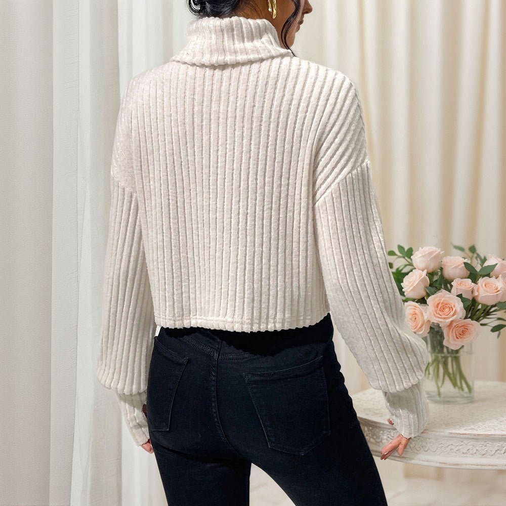 Damen geripptes Cropped‑Rollkragenpullover mit überschnittenen Schultern und voluminösen Ärmeln – Mavelle