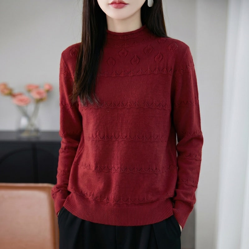Damen Leichter Ajourstrick-Pullover mit kurzem Stehkragen und feinem Rippsaum Echoarchiv