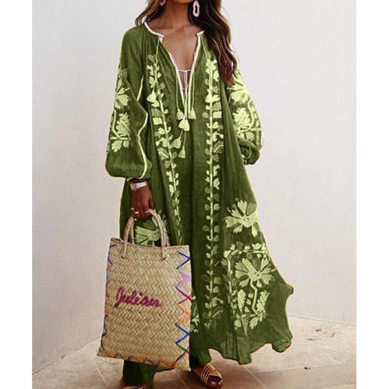 Damen Besticktes Boho-Maxikleid mit Ballonärmeln und Quastenverschluss – Valéora