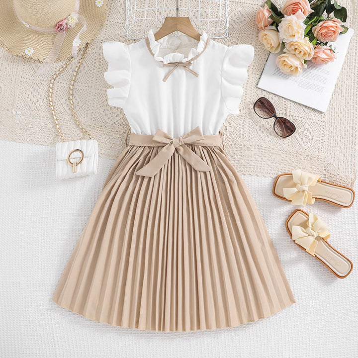 Mädchen Faltenrockkleid mit Puffärmeln und Taillenknoten Echoarchiv