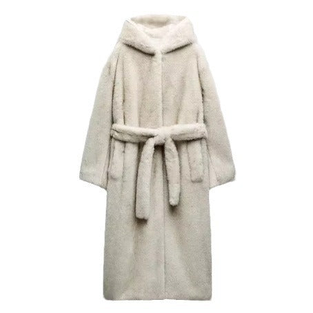 Damen Langer Teddy-Kunstfellmantel mit Bindegürtel und Oversize-Silhouette Echo Archiv