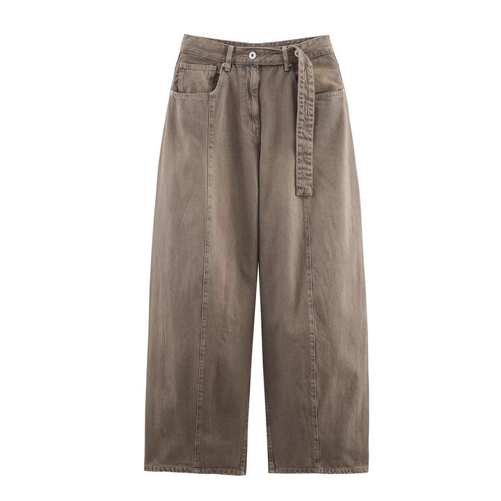 Damen Weite hochtaillierte Culotte-Hose mit Ziernaht, aufgesetzten Taschen und Bindegürtel Echo Archiv