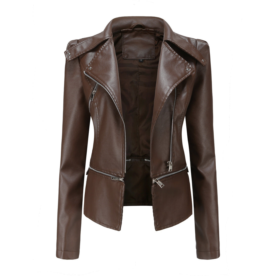 Damen taillierte Kunstleder-Bikerjacke mit asymmetrischem Reverskragen – Célinea